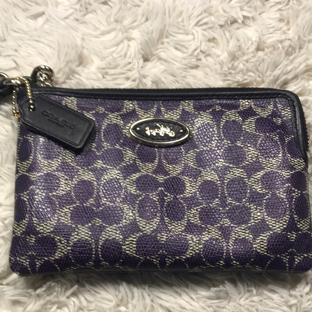 Coach Signature L Zip Purple Monogram Wristlet